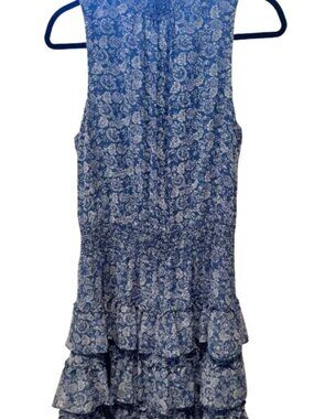 1.STATE Blue White Floral Smocked Neck Tiered Ruffle Mini Dress L